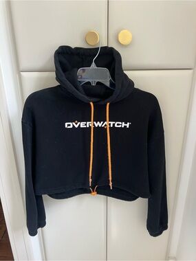Forever 21 Black Cropped Overwatch Hoodie with Orange Drawstrings